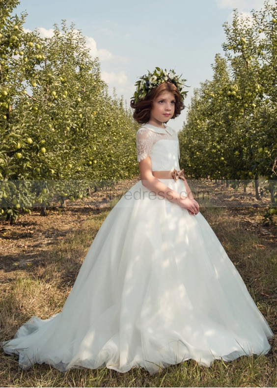 Peter Pan Collar Ivory Lace Tulle Floor Length Flower Girl Dress